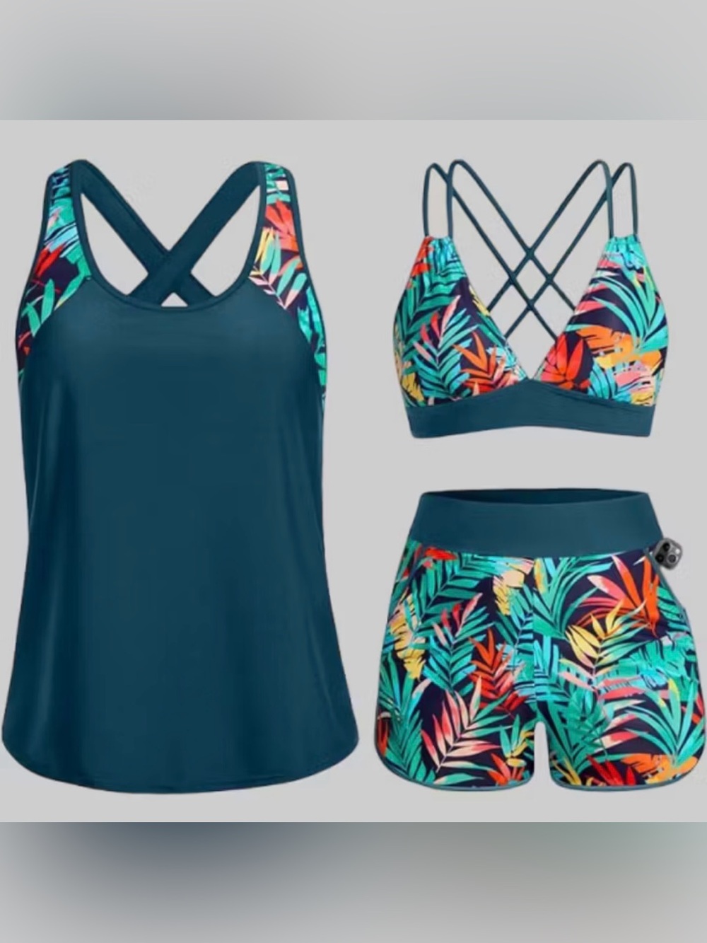Women's Teal Tropical Tankini Set with Strappy Bikini Top